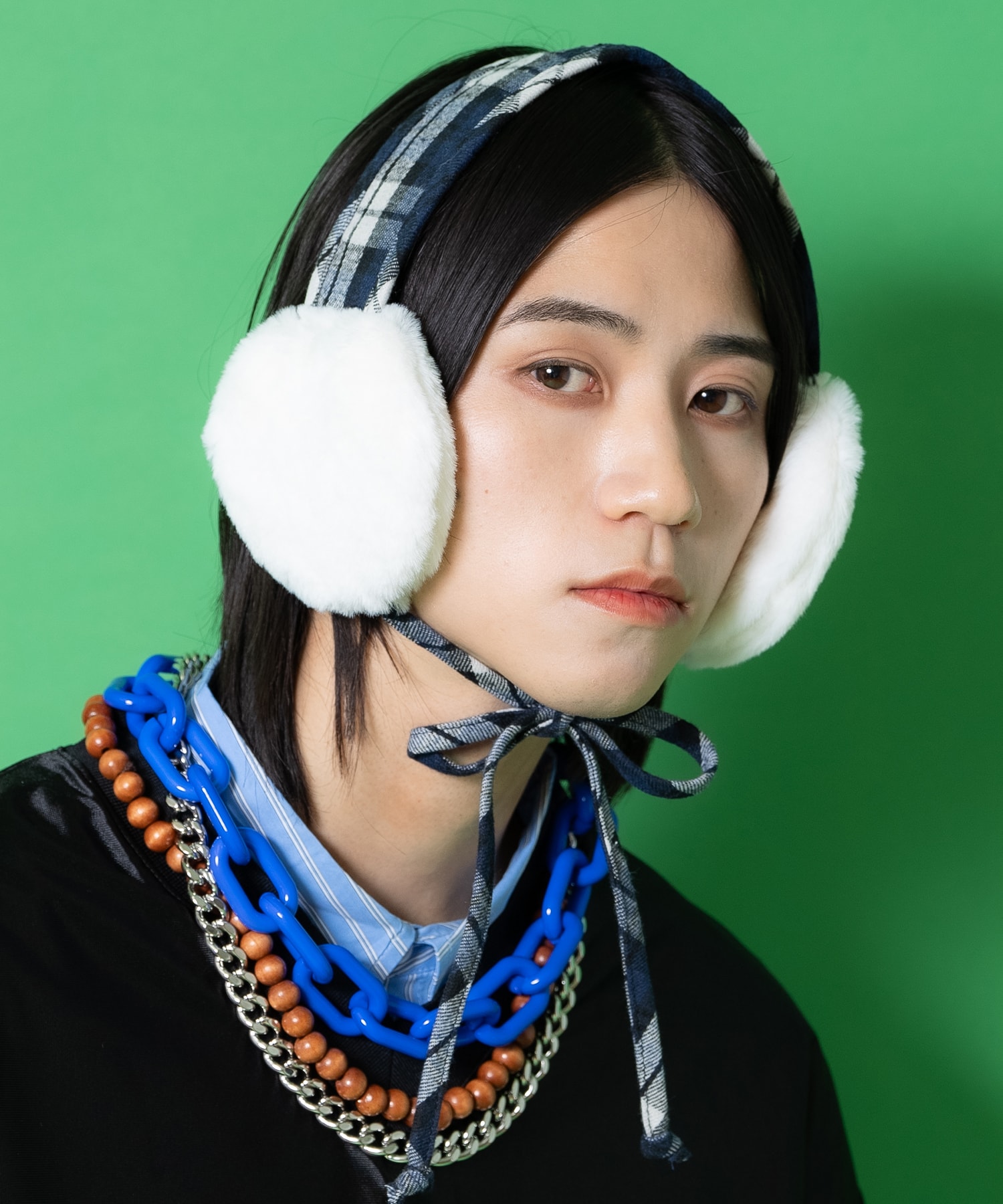 ankoROCKのan meets zakka 起毛肉厚ネルタータンチェック柄ショートファー切替イヤーマフ (別売りキャスケット取付可) / ユニセックス 耳当て ヘッドドレス ボンネット｜アングル2