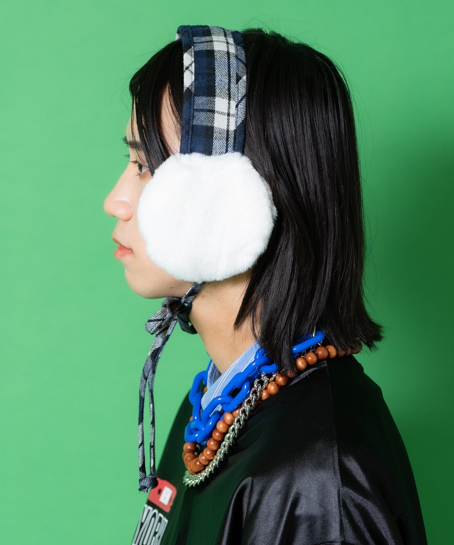 ankoROCKのan meets zakka 起毛肉厚ネルタータンチェック柄ショートファー切替イヤーマフ (別売りキャスケット取付可) / ユニセックス 耳当て ヘッドドレス ボンネット｜アングル3