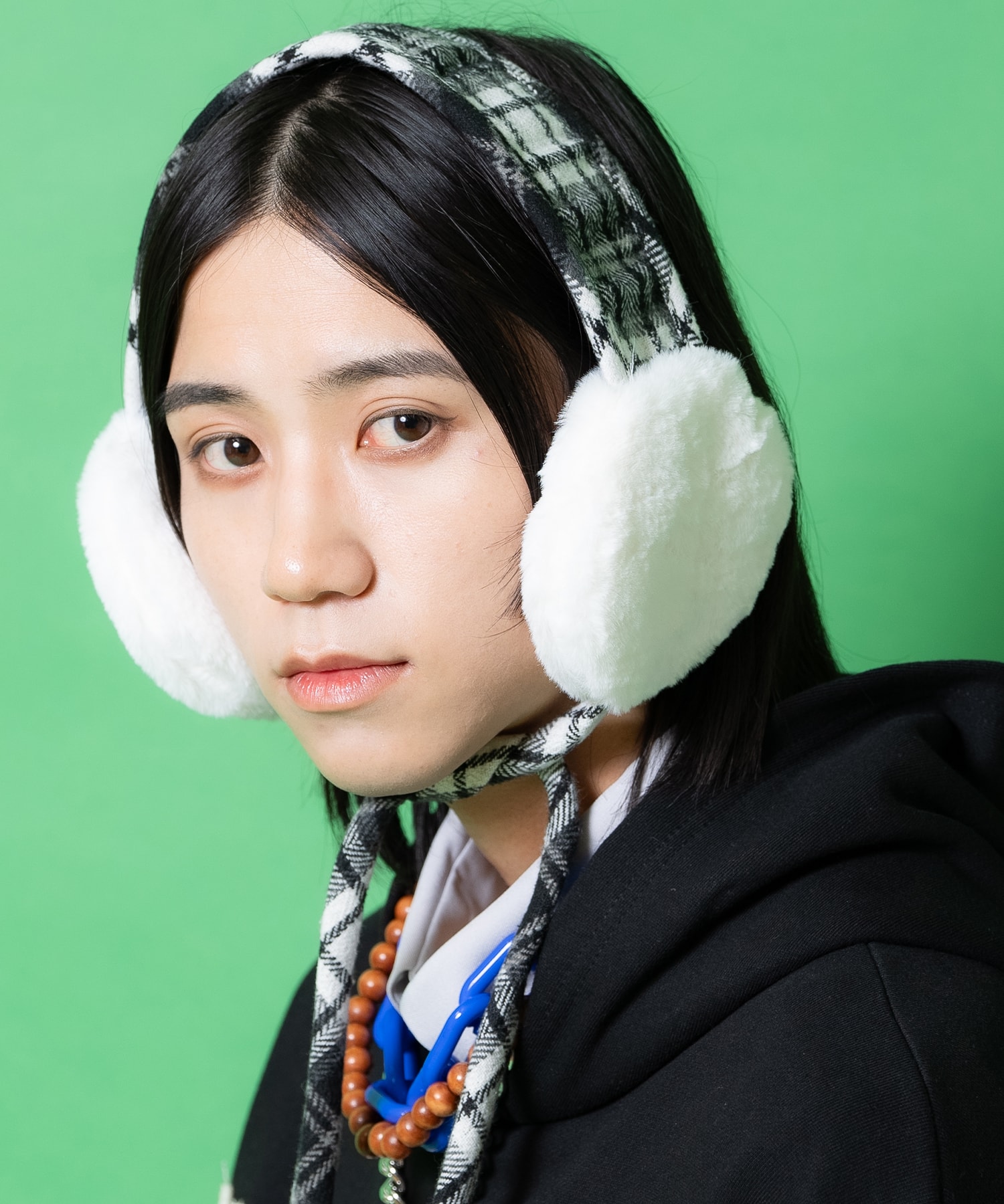 起毛肉厚ネルチェック柄ショートファー切替イヤーマフ (別売りハンチング取付可) / ユニセックス 耳当て ヘッドドレス ボンネット(4)