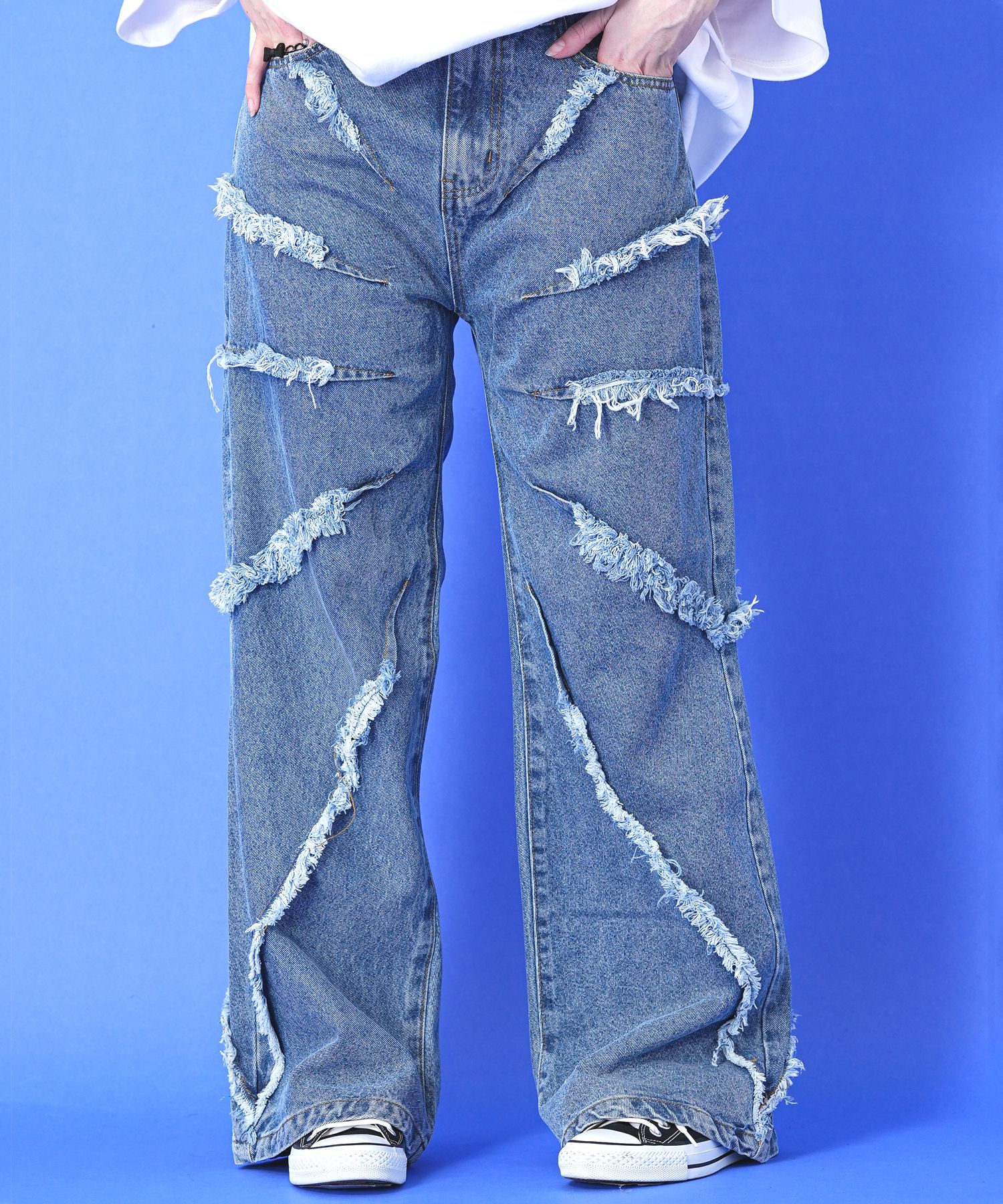 a.p.o.v. ラディアルフリンジウォッシュドワイドデニムパンツ / ビンテージウォッシュ加工 ジーンズ