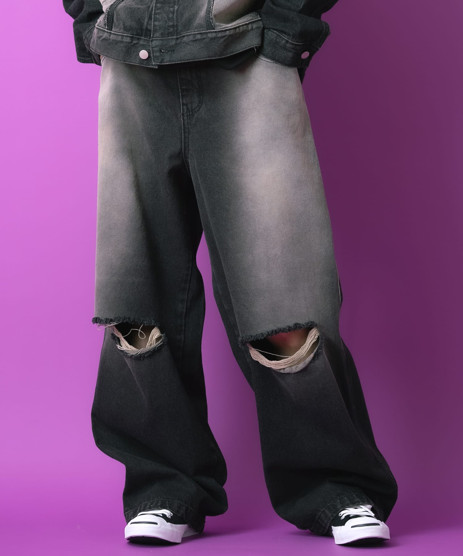 a.p.o.v. クラッシュニーシェーディングサンドウォッシュデニムパンツ / ワイド ジーンズ ダメージ ビンテージ加工 メンズ レディース ユニセックス...