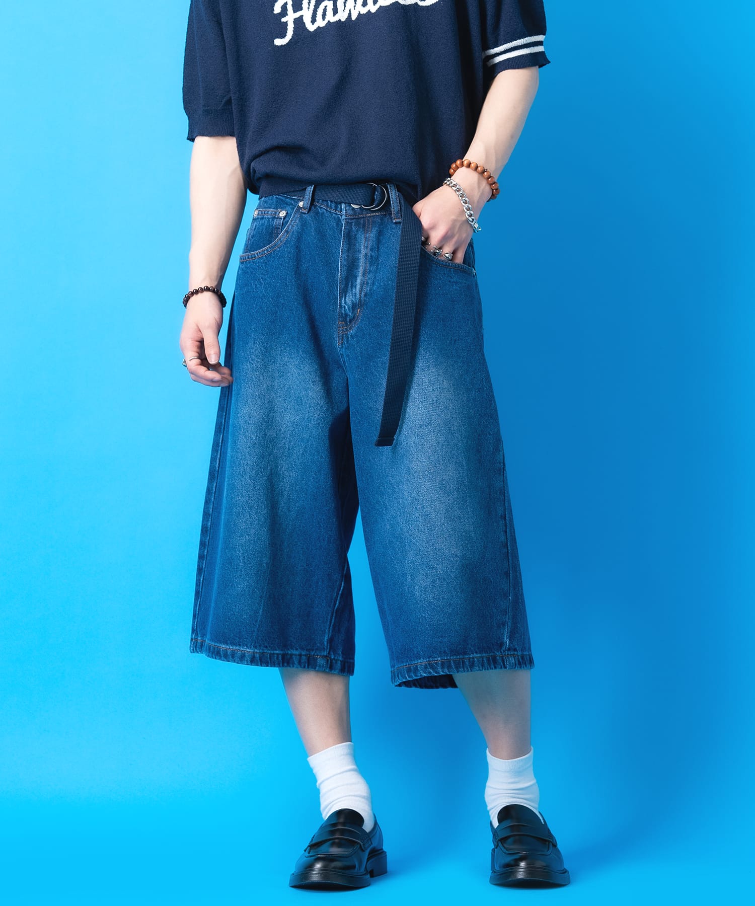 Rakuten - a.p.o.v. スーパーワイドウォッシュドデニムハーフパンツ / メンズ レディース ユニセックス ショートパンツ オーバーサイズ