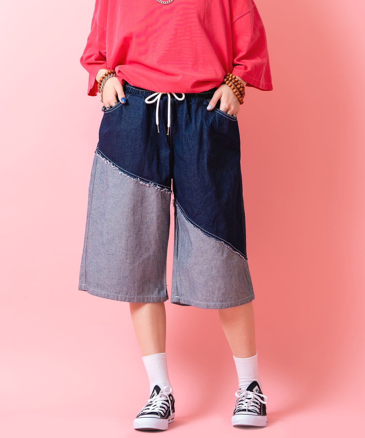 Rakuten - a.p.o.v. バイアス裏地切替デニムワイドハーフパンツ / メンズ レディース ユニセックス ショートパンツ イージー