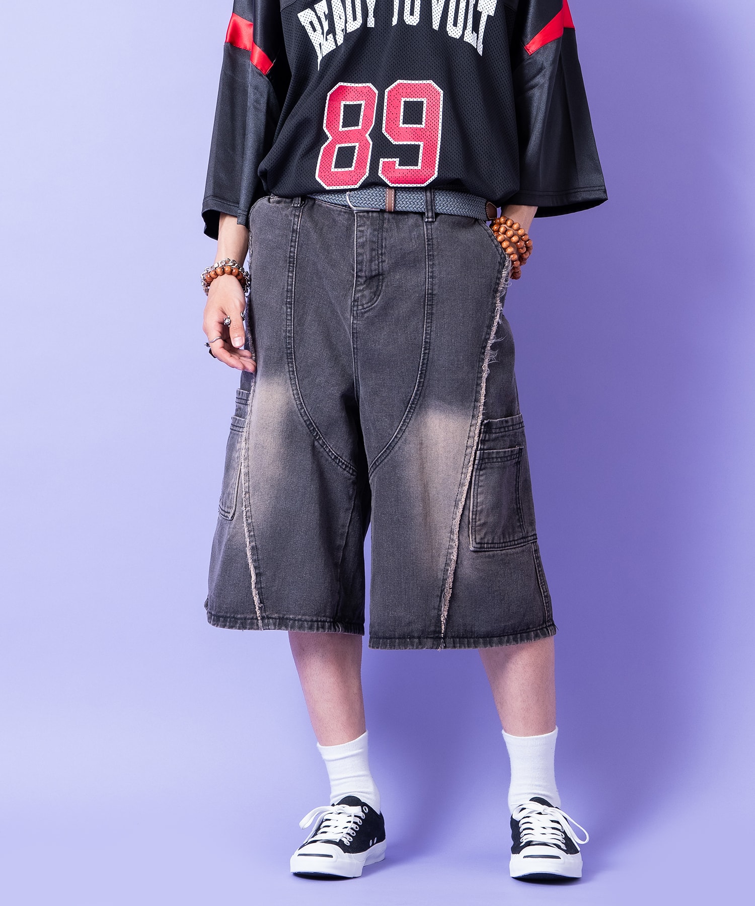 乐天商城 - a.p.o.v. クラッシュフリンジ切替デザインオーバーダイデニムワイドハーフパンツ / メンズ レディース ユニセックス オーバーサイズ