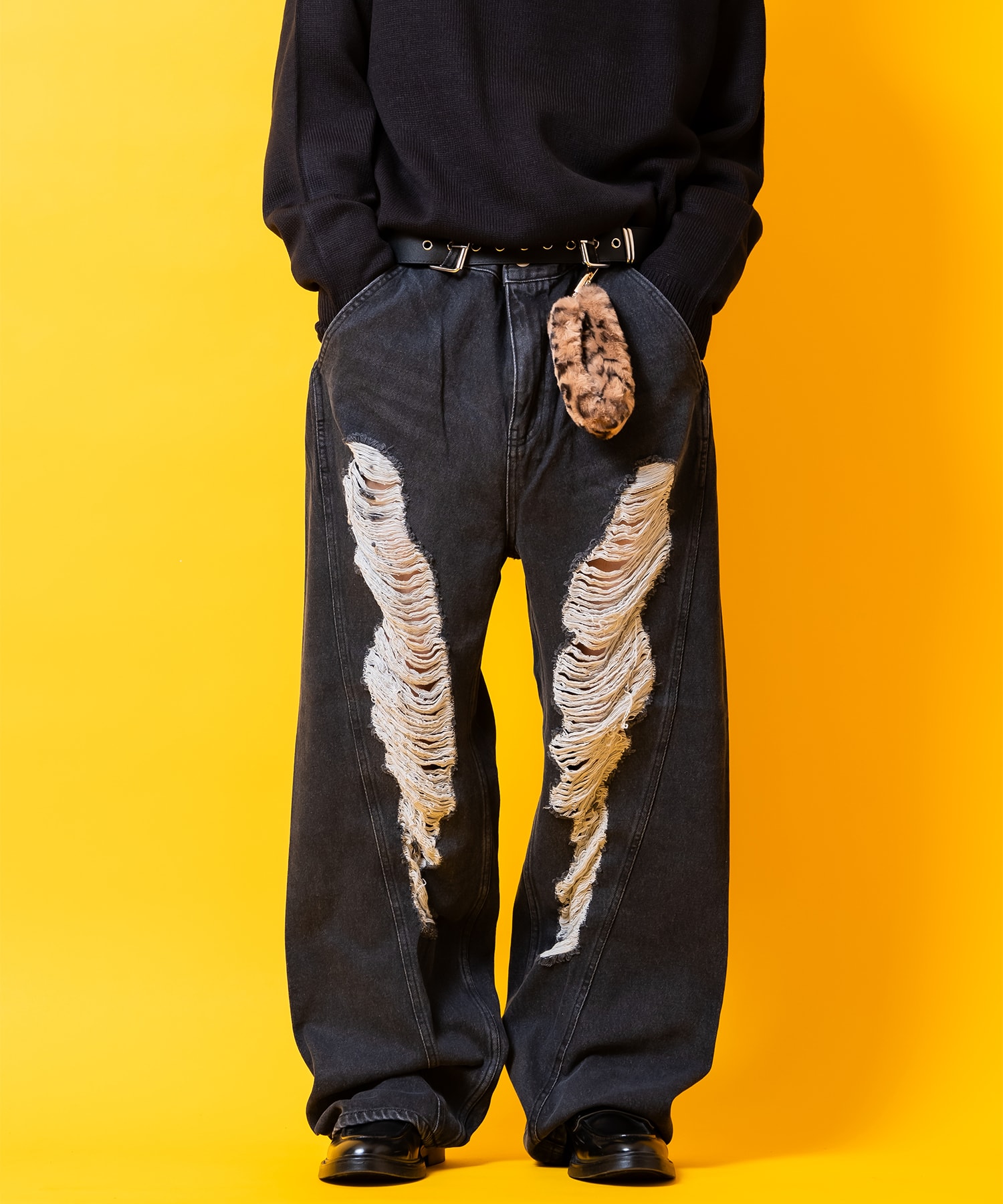 スーパーダメージ立体裁断ワイドデニムパンツ / ユニセックス メンズ レディース ジーンズ クラッシュ加工