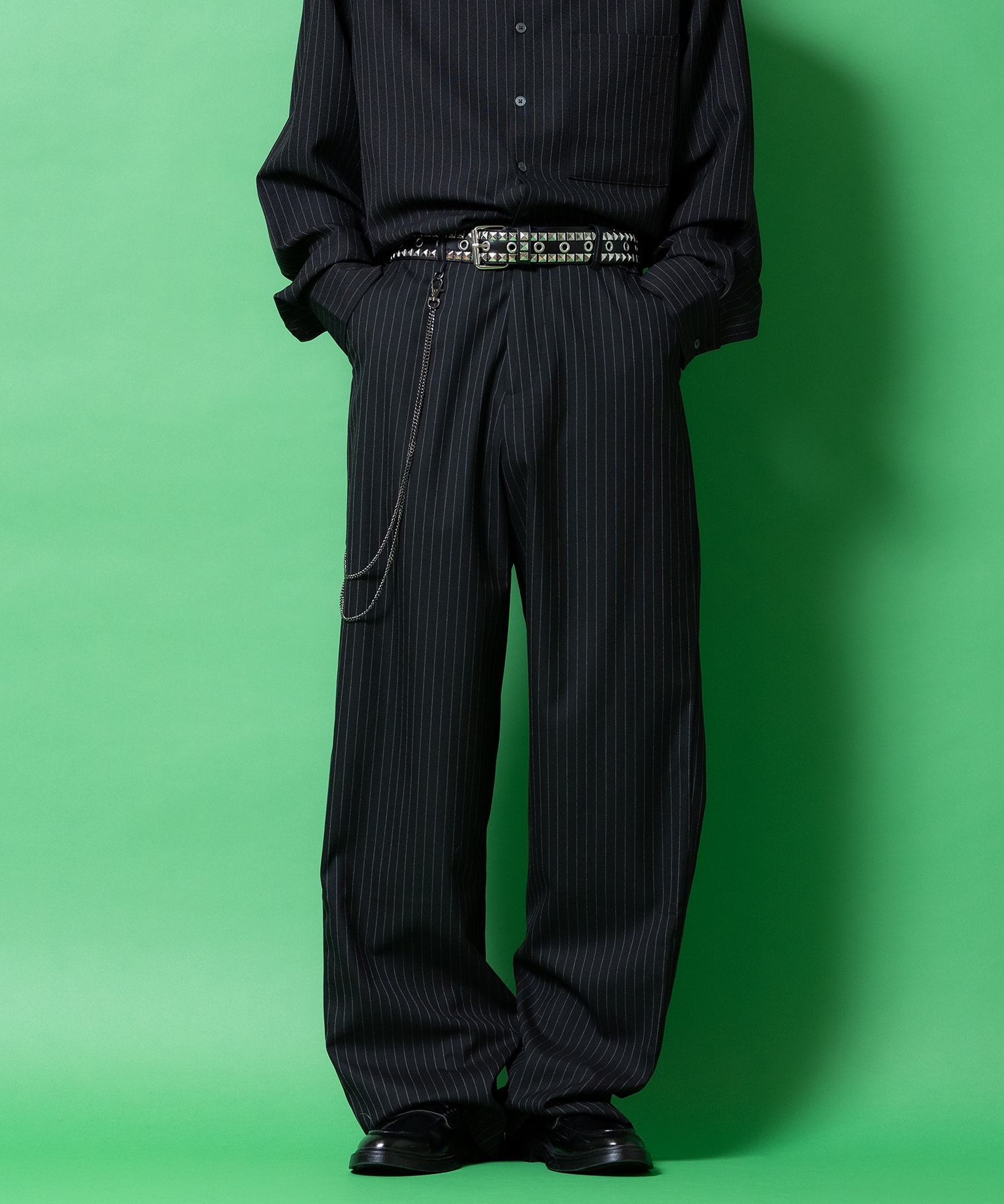 2連ウォレットチェーン付きストライプTRワイドスラックス / ユニセックス メンズ レディース 柄 トラウ..