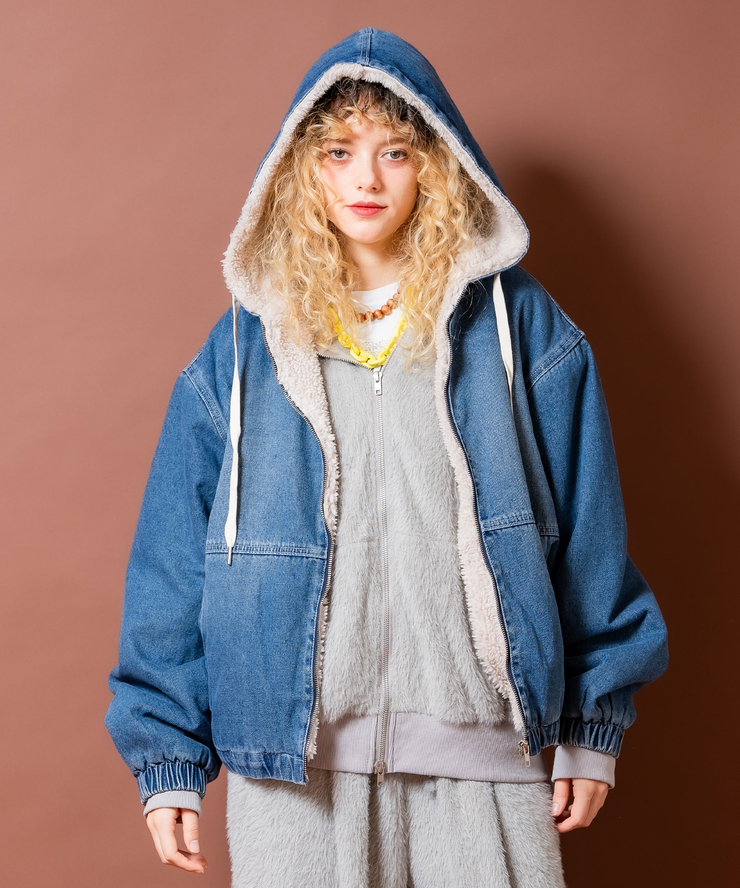 乐天商城 - a.p.o.v. 裏ボアヴィンテージウォッシュデニムオーバーサイズ短丈フードブルゾン / ユニセックス フーディー パーカー アウター