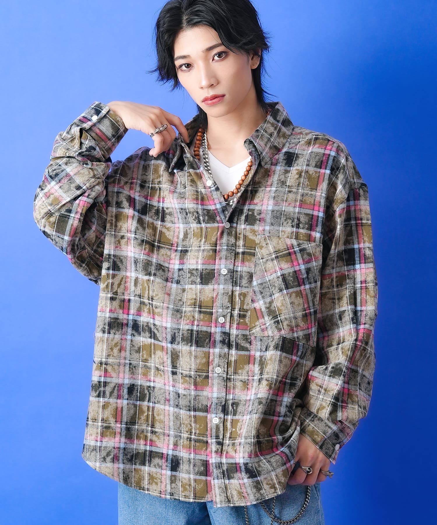 a.p.o.v. ケミカルブリーチチェックオーバーサイズネルシャツ / メンズ レディース ユニセックス 柄 ビッグシルエット