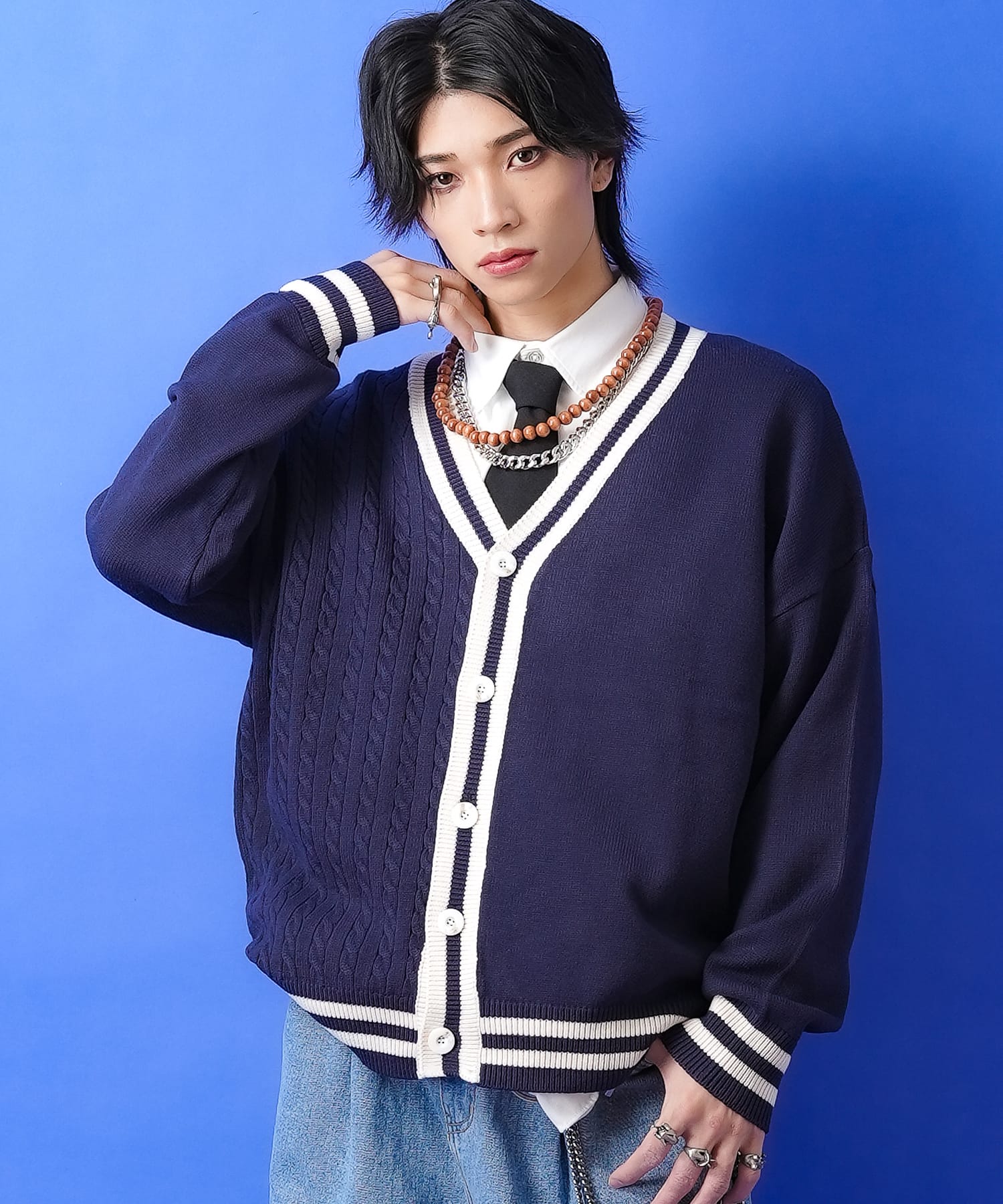 a.p.o.v. アシンメトリー編み模様チルデンニットVネックカーディガン / メンズ レディース ユニセックス ケーブルニット ルーズ