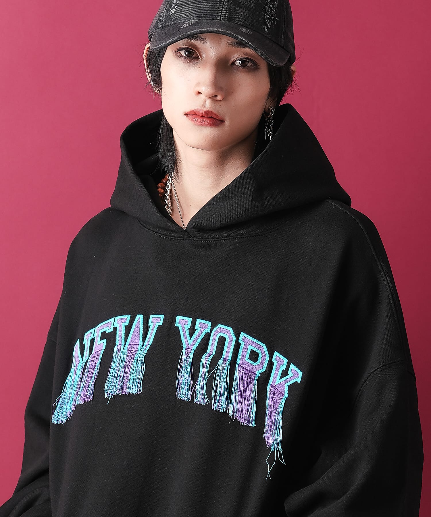 a.p.o.v. -ankoROCK's select- ニューヨークフリンジミックス刺繍ロゴスウェットプルオーバーパーカー / スエット メンズ レディース ユニセックス オーバーサイズ