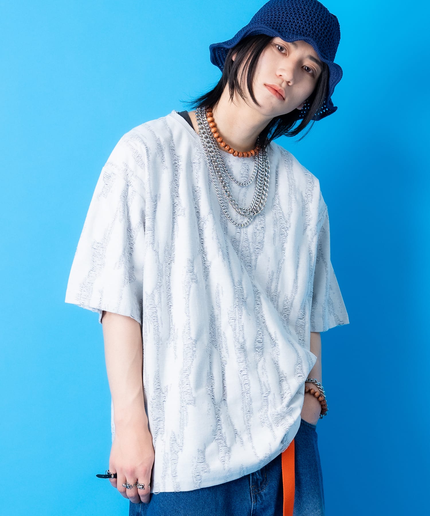 Rakuten - a.p.o.v. ジャガード編みフリンジダメージ加工模様オーバーサイズTシャツ / 半袖 カットソー メンズ レディース ユニセックス クラッシュ