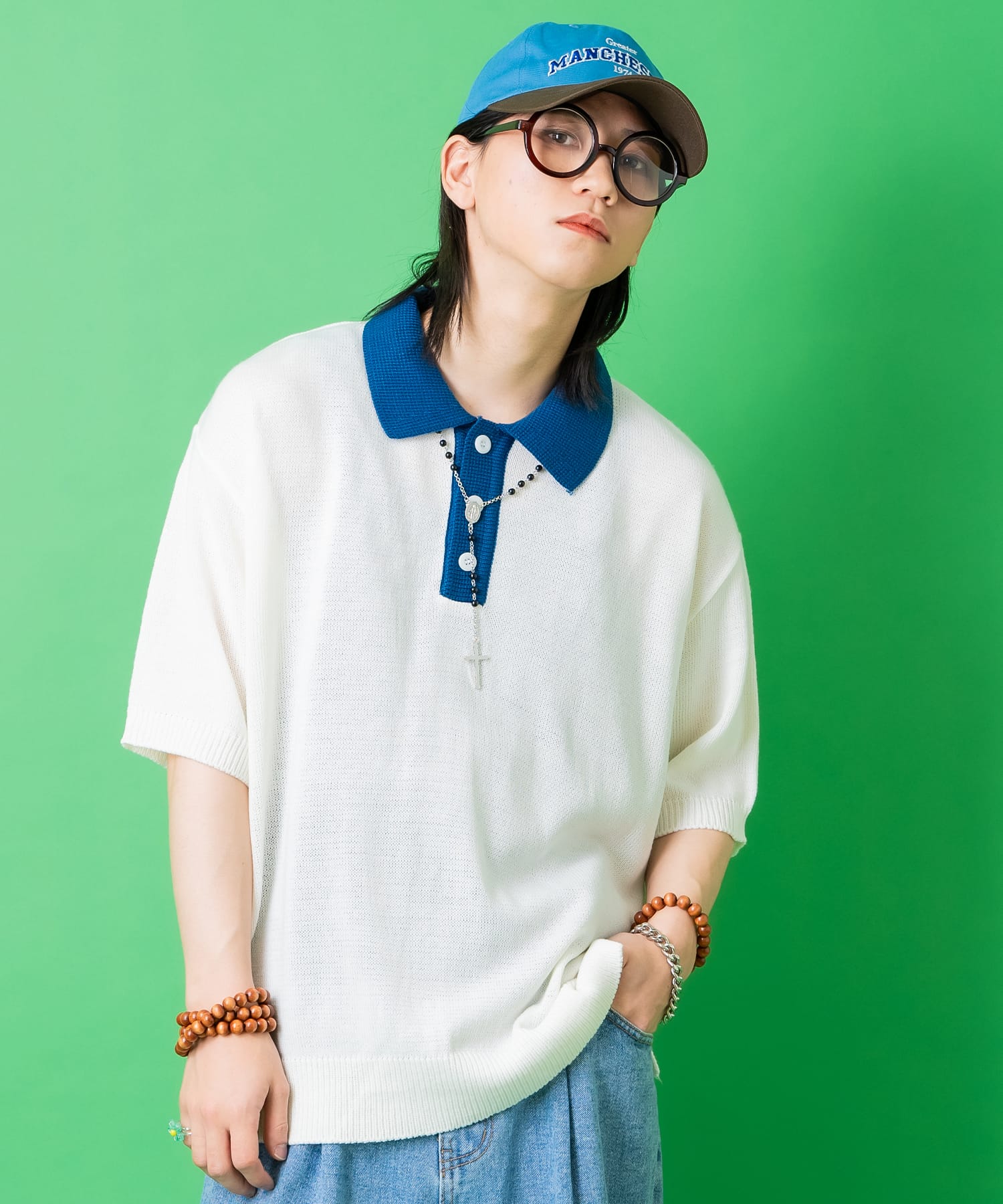 a.p.o.v. オーバーサイズレトロ2トーン切り替えニットポロシャツ / 半袖 メンズ レディース ユニセックス ビッグシルエット