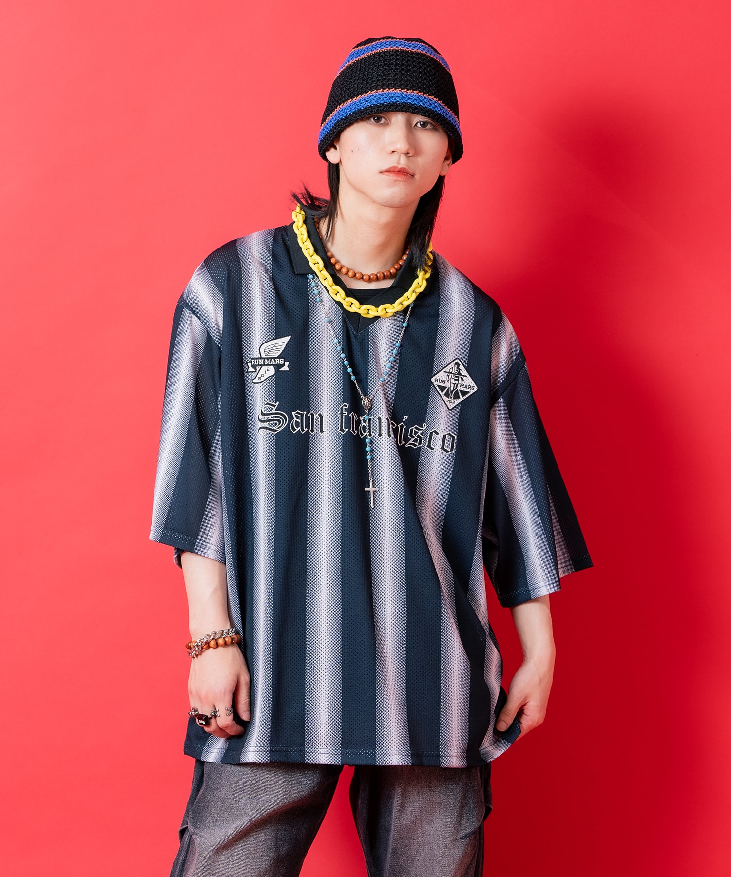 Rakuten - a.p.o.v. ストライプオーバーサイズメッシュ襟付きサッカーシャツ / 半袖 メンズ レディース ユニセックス 柄 フットボール ユニフォーム