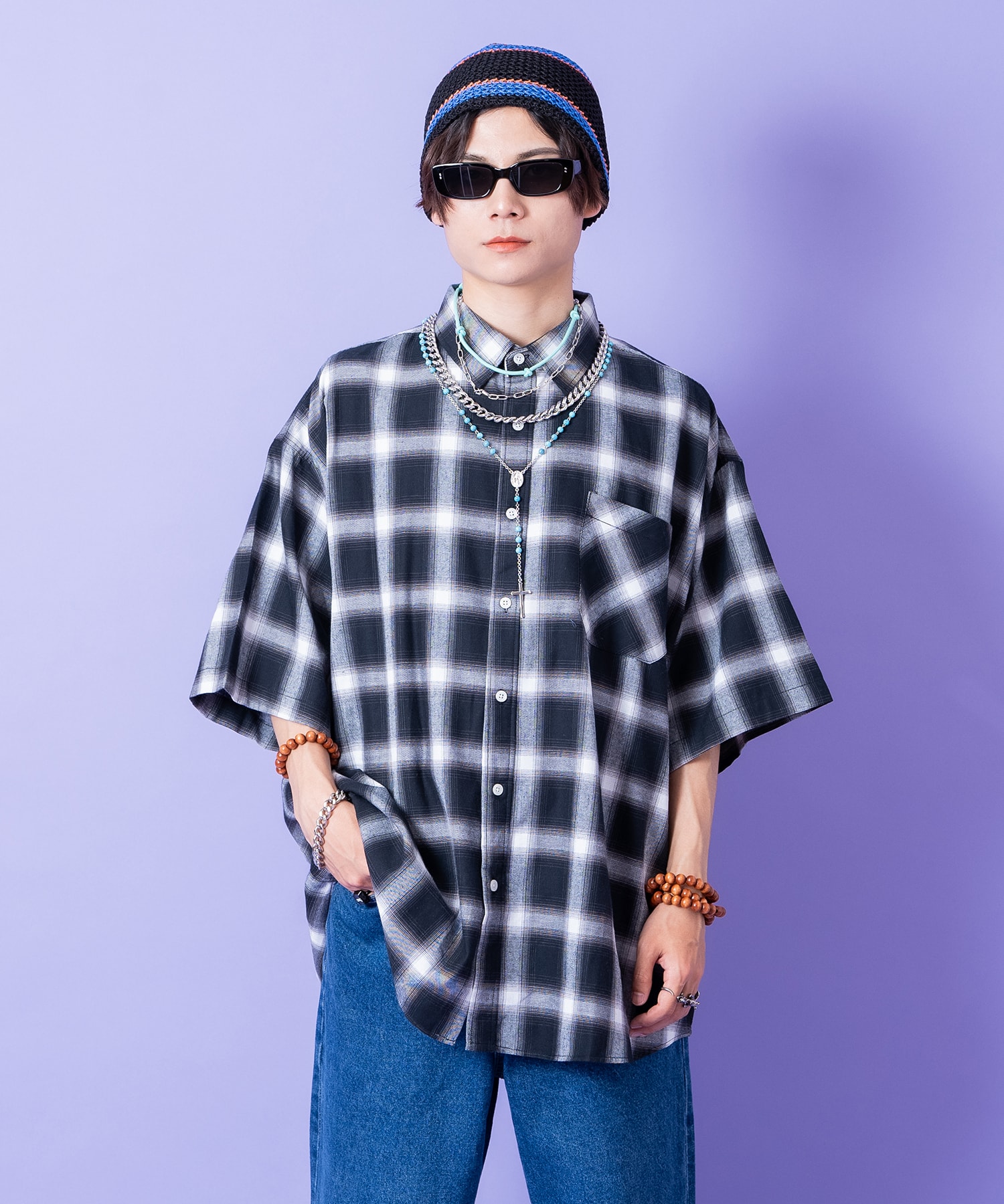 Rakuten - a.p.o.v. オンブレブロックチェックオーバーサイズシャツ / 半袖 メンズ レディース ユニセックス 柄 ブラウス ビッグシルエット コットン