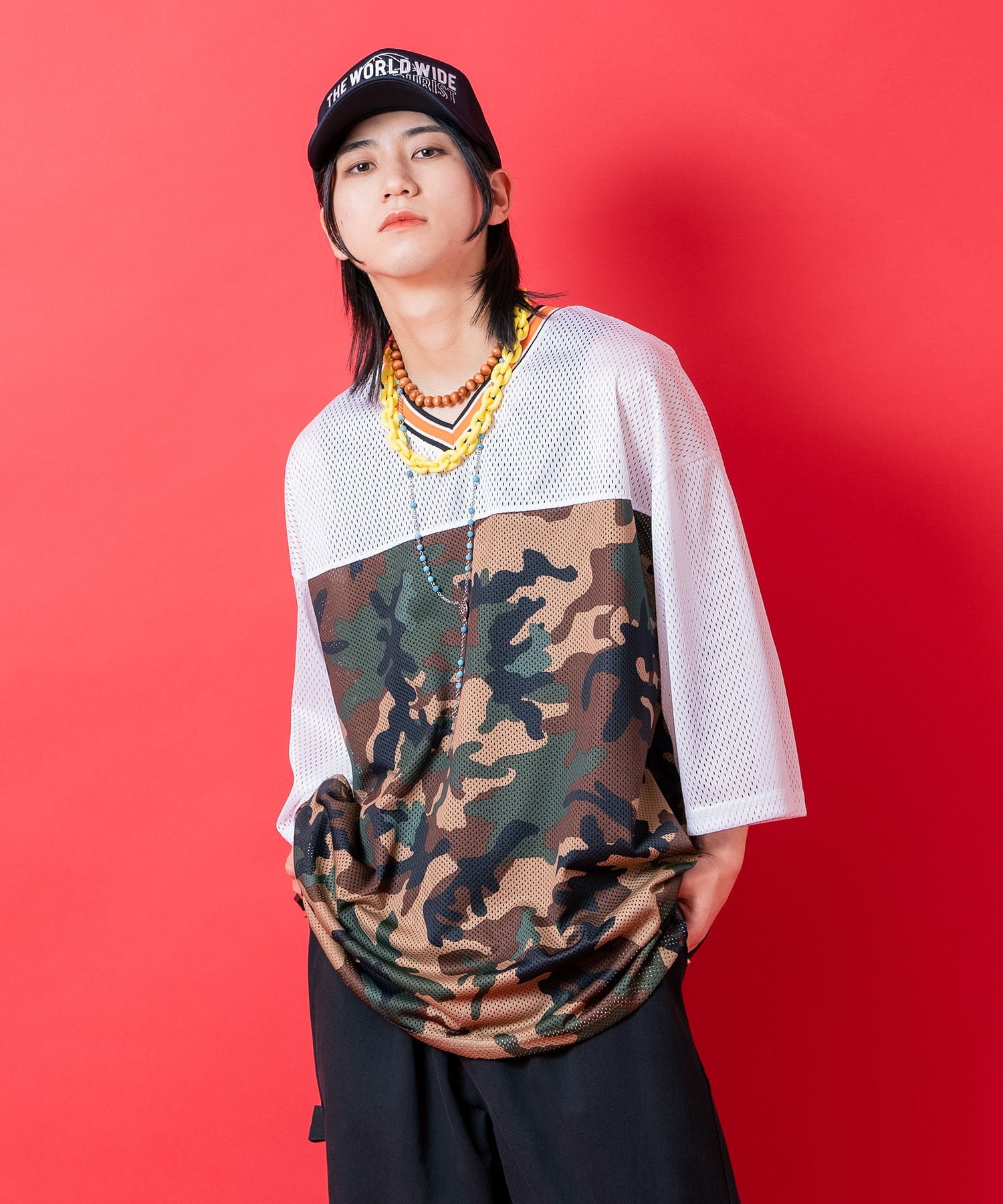 Rakuten - a.p.o.v. カモフラ切替オーバーサイズメッシュフットボールシャツ / 半袖 カットソー Tシャツ メンズ レディース ユニセックス 迷彩柄