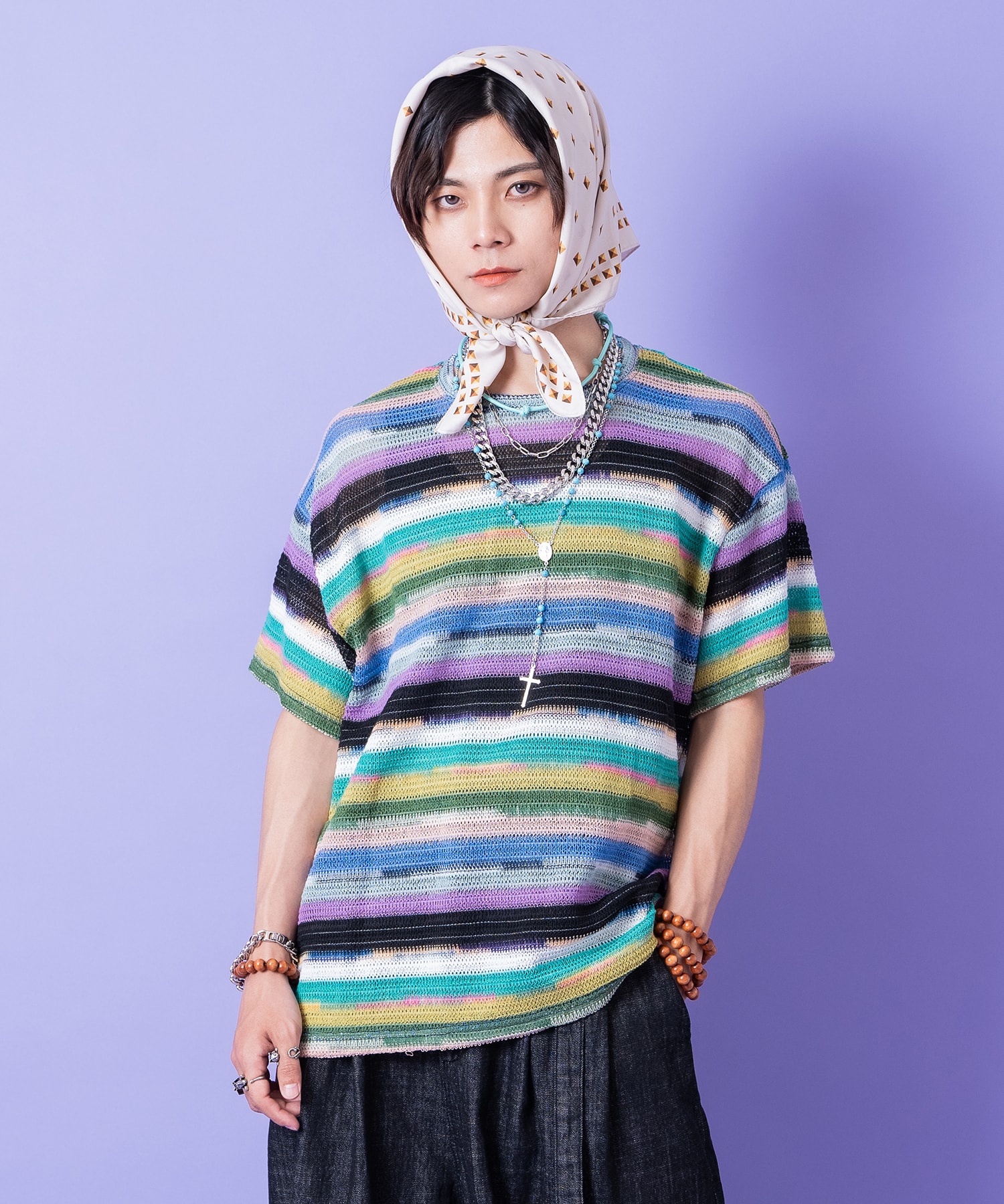 a.p.o.v. レトロマルチボーダーメッシュ編みニットTシャツ / 半袖 カットソー ニットソー メンズ レディース ユニセックス 柄