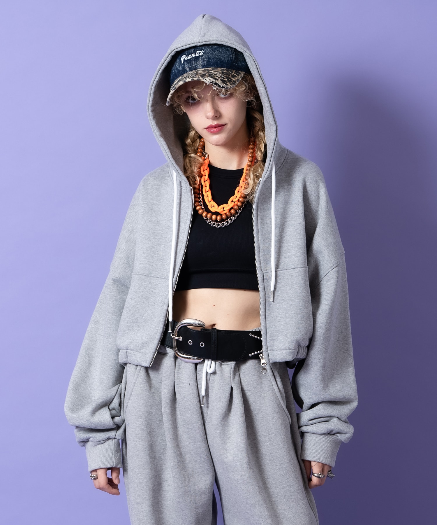 Rakuten - a.p.o.v. ダブルジップアップスウェットオーバーサイズクロップドパーカー / ユニセックス メンズ レディース ZIP フーディー 長袖 短丈 ショート丈