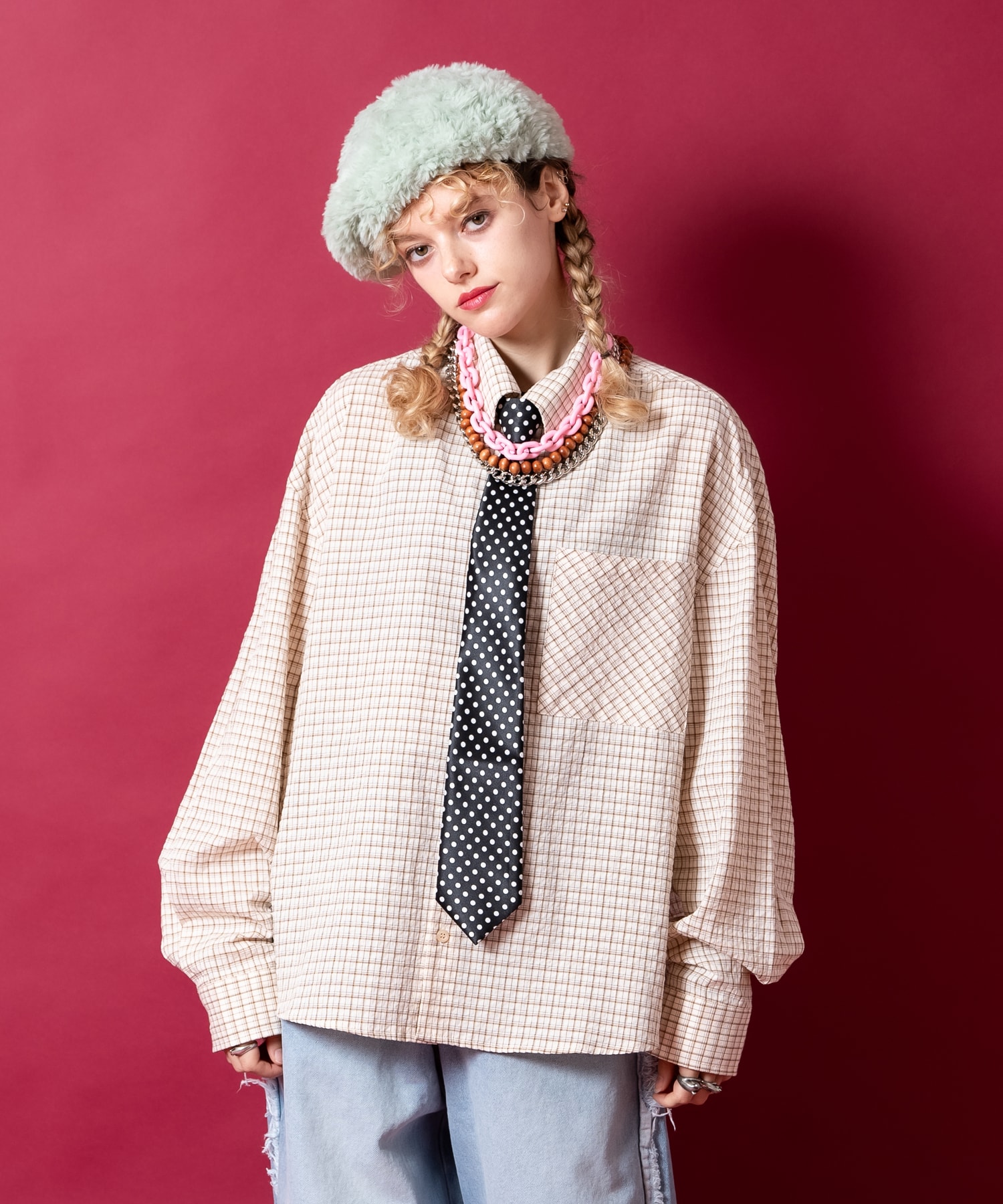 a.p.o.v. ソフトコットンクロップド丈レトロチェックシャツ / ユニセックス メンズ レディース ブラウス 長袖 短丈 柄 ルーズシルエット