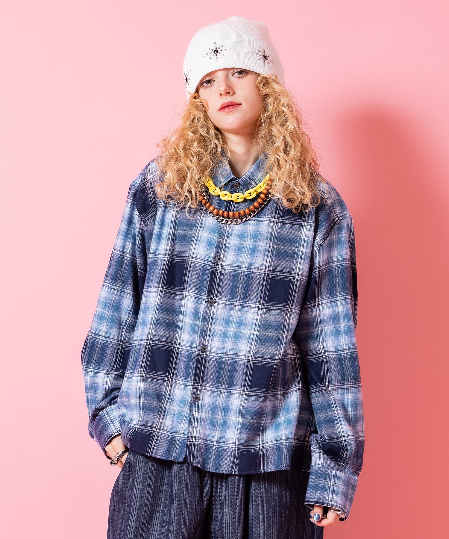 Rakuten - a.p.o.v. オーバーサイズ短丈チェックネルシャツ / ユニセックス メンズ レディース ルーズ クロップド丈 柄 ブラウス 長袖 フランネル