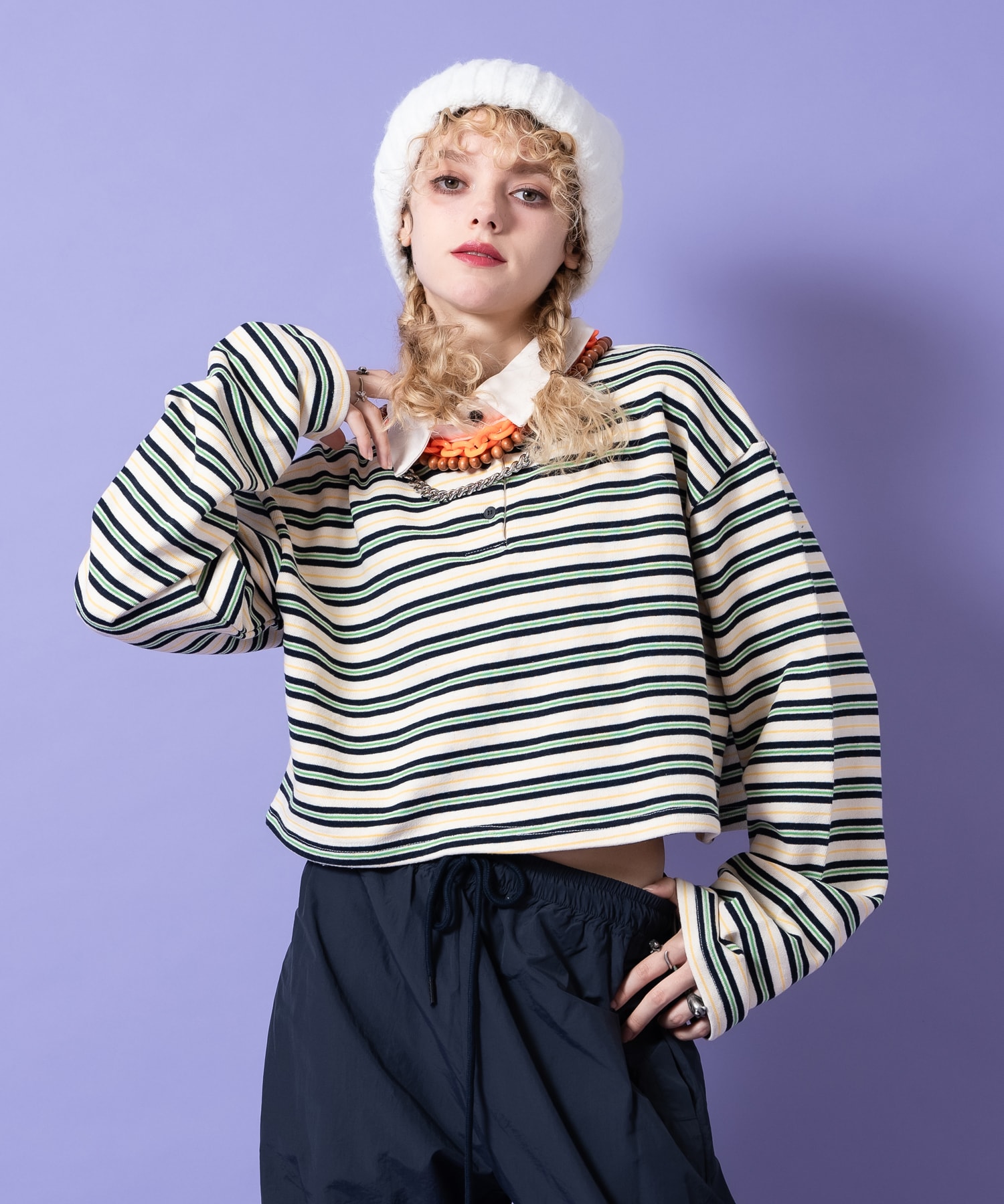 ボーダー甘編み裏毛クロップドラガーシャツ / ユニセックス メンズ レディース 柄 短丈 ショート丈 オーバーサイズ ポロシャツ 長袖