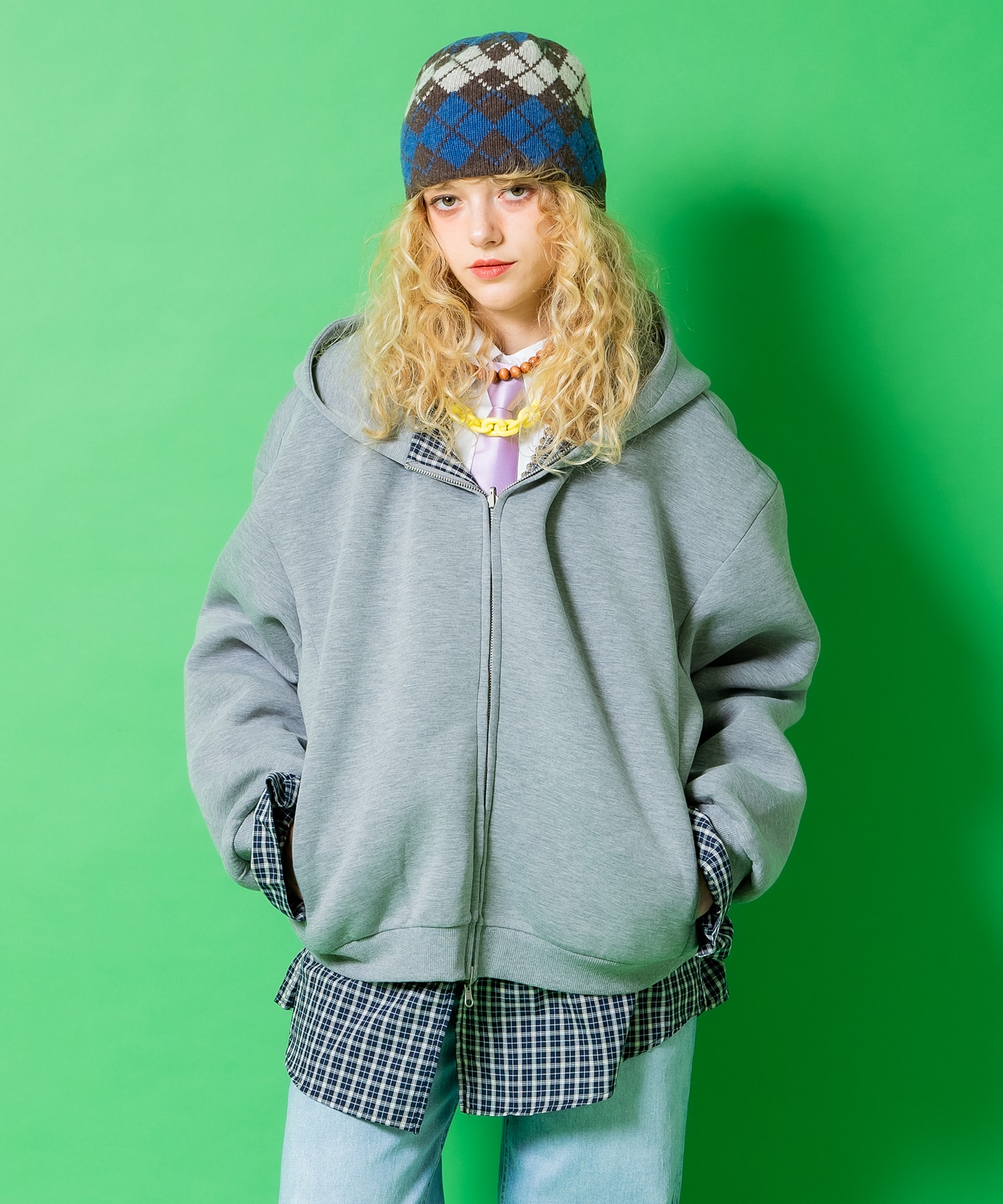 乐天商城 - a.p.o.v. リバーシブルチェックシャツジャケット×フェイクレイヤード短丈スウェットジップアップパーカー / ユニセックス ZIPフーディー 柄 オーバーサイズ コットンスエット