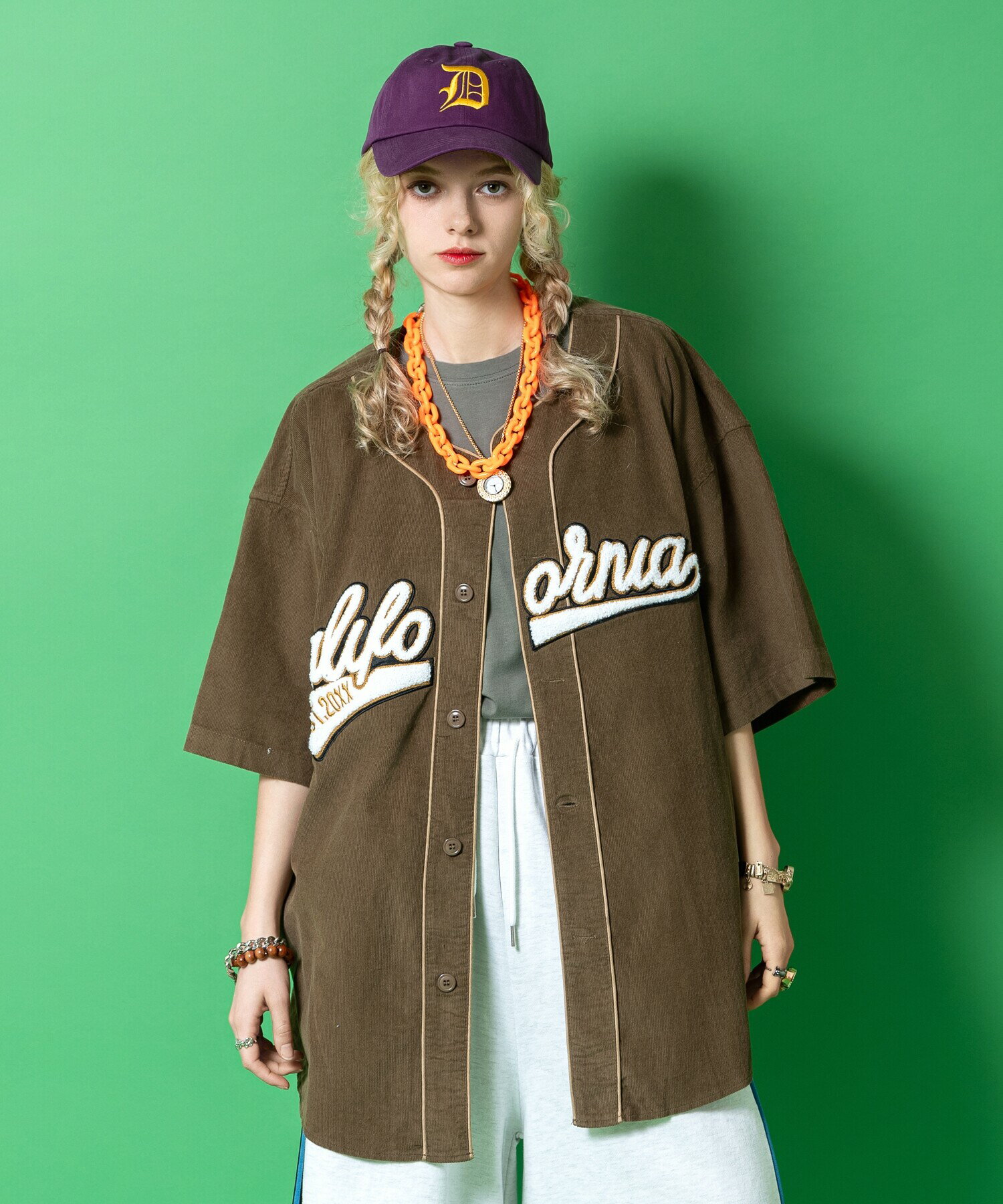 Rakuten - サガラワッペン刺繍コーデュロイオーバーサイズベースボール半袖シャツ / ユニセックス ゲームシャツ ユニフォーム