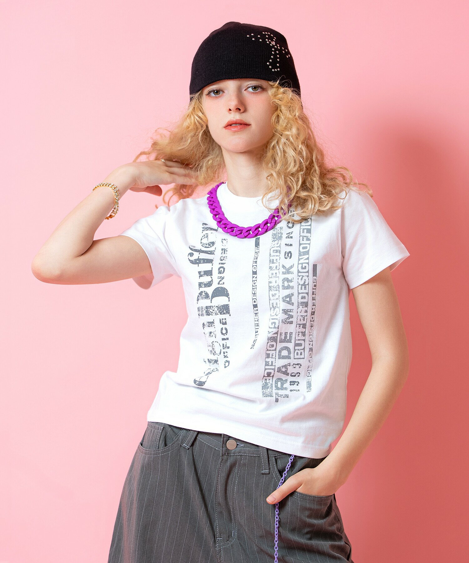 乐天商城 - クロップド丈Y2KバッファープリントTシャツ(レディース) / 半袖 カットソー 短丈