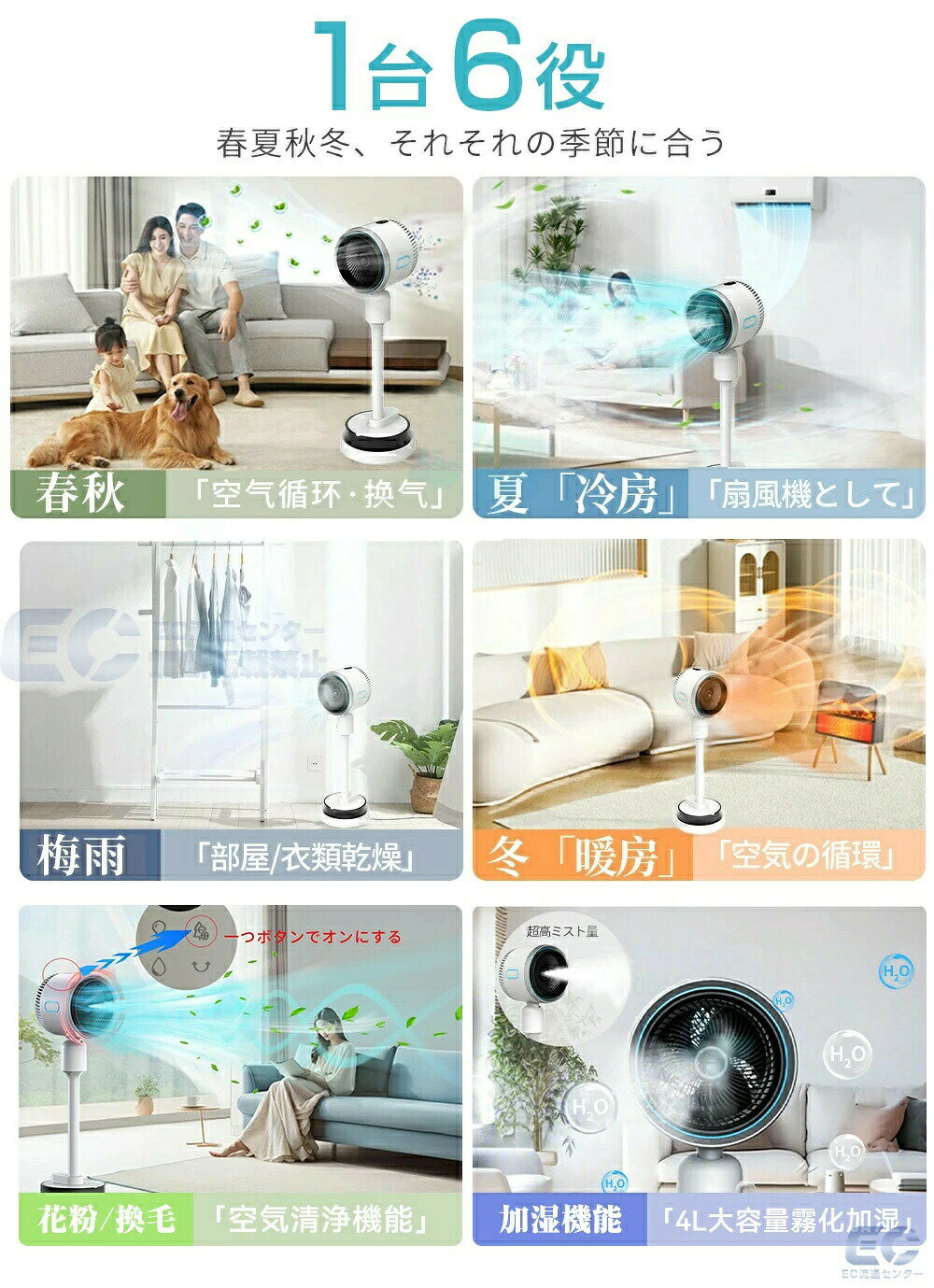 扇風機 冷風機 加湿機能付き 温風冷風 サーキュレーター 加湿器 DCモーター 静音 180°自動首振り 多機能扇風機 冷暖兼用扇風機 空気清浄 風量3段階 リモコン付き タイマー付 省エネ 自然風 空気循環 衣類乾燥 シンプル ギフト 除湿