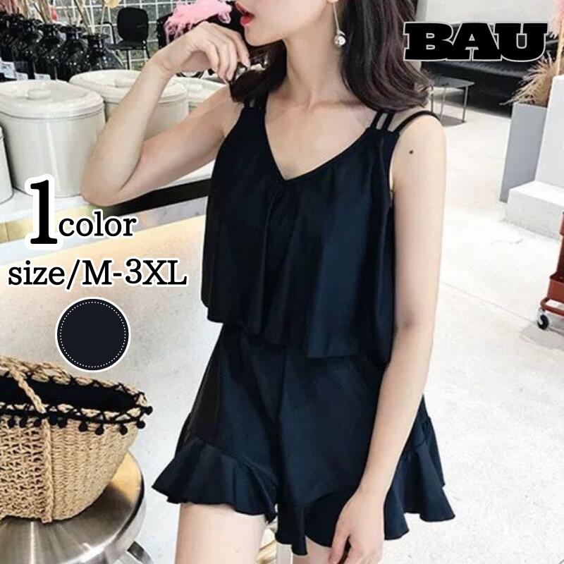 乐天商城 - 水着 レディース 体型カバー ワンピース ママ水着 フレアワンピース おしゃれ フリル 大きいサイズ ショートパンツ ぽっちゃり 安心 ワンピース水着 オトナ女子 可愛い 動きやすい お腹隠せる おすすめ ブラック 黒