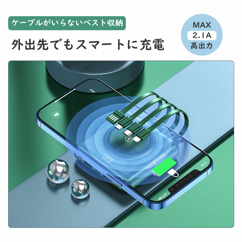 モバイルバッテリー 20000mAh 大容量 小型 軽量 5台同時 ワイヤレス充電 4つケーブル内蔵 急速充電 iPhone スマホ充電器 type-c PSE認証 残量表示 旅行 出張 停電 防災 i