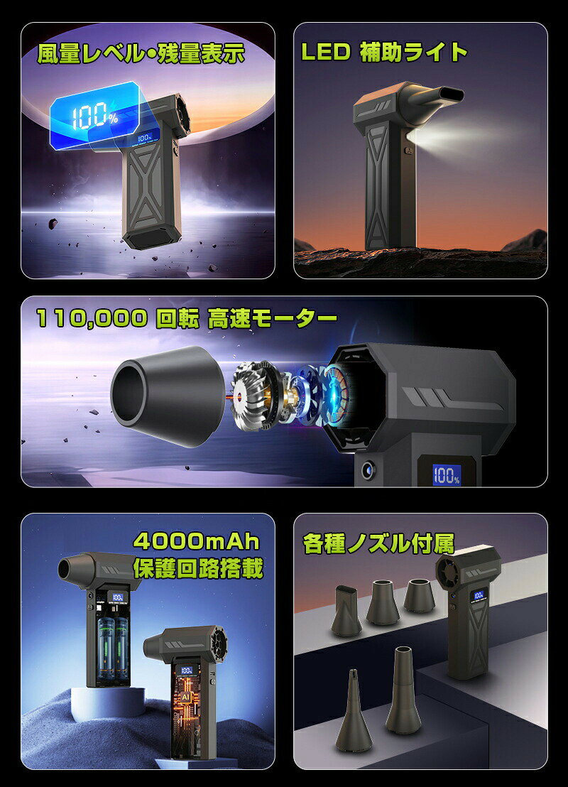 エアーダスター ブロワー 電動ブロワー 充電式 コードレス 110000RPM 高速回転 風...
