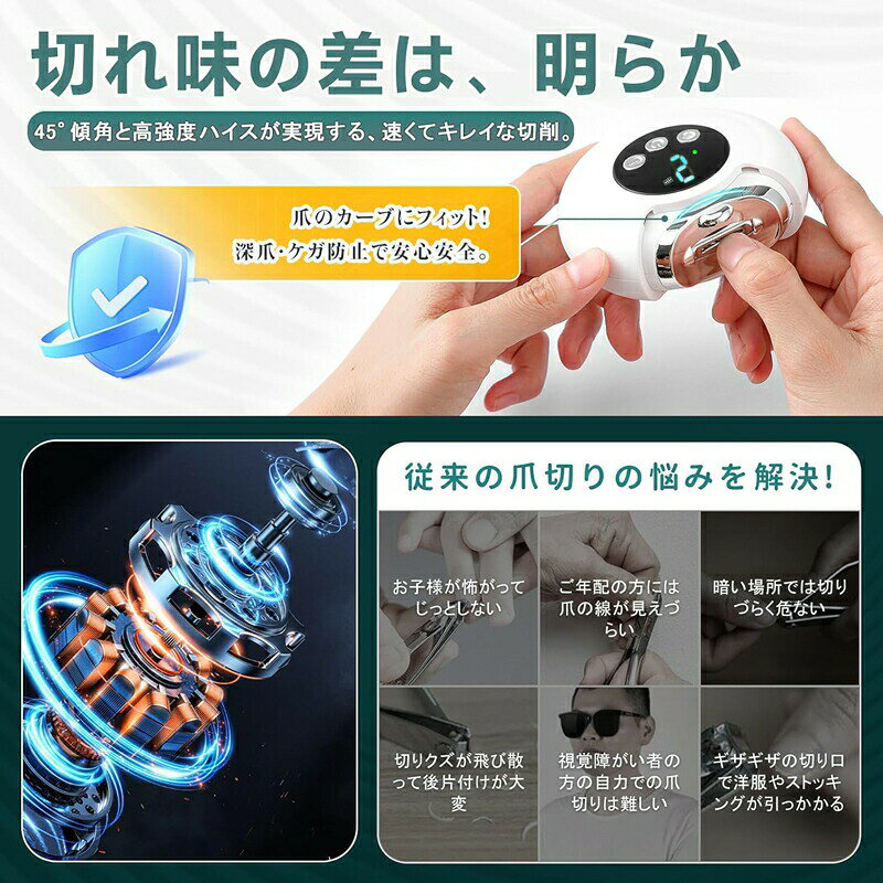 安らいくショップの電動爪切り 電動爪やすり 爪削り 爪磨き 電動 爪とぎ LEDライト 電動ネイルケア Type-C充電式 3段階速度調節 デイスプレイ表示 爪傷防止 低騒音 巻き爪 爪ケア 子供 大人 高齢者爪ヤスリ クリスマスプレゼント｜アングル3
