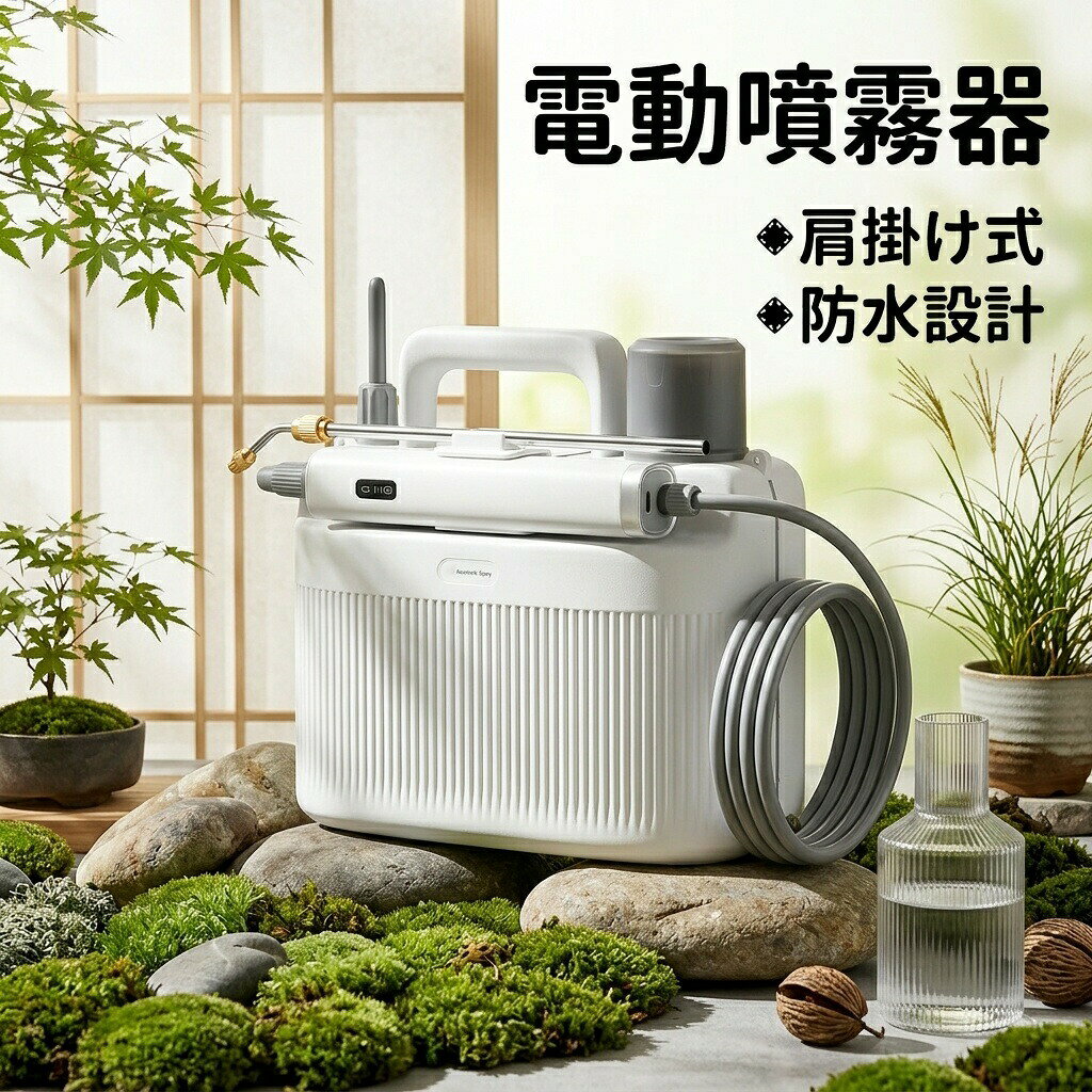 商品ポイント1. 防水設計: この電動噴霧器は、完全に密閉されたハウジングと三重コーティングされた内部 PCB を備えており、雨、水しぶき、結露からの水をブロックし、あらゆる状況でも信頼性の高いパフォーマンスを保証します。2.楽なガーデニング: この電池式噴霧器は利便性を考慮して設計されており、ワンタッチ操作で水やり、施肥、除草が簡単になり、手動ポンプの必要がなく、腕の疲労が軽減されます。3.長持ちするバッテリー: 2200mAh 充電式リチウムバッテリーを搭載したこのミスト噴霧器は、フル充電で最大 2 時間の連続噴霧またはウォーター ジェット モードで 4 時間の噴霧が可能です。4.人間工学に基づいた快適性: このハンドヘルド スプレーは、輪郭のあるグリップと滑らかなエッジを組み合わせて快適な取り扱いを実現します。また、調節可能なショルダー ストラップにより、長時間の使用でもサポートが強化されます。5.大容量で使いやすい：5000MLタンクと目に見える水位マークを備えたこの圧力噴霧器は、補充を最小限に抑えます。液体混合が簡単な内蔵測定キャップ、水監視用の明確な液面ライン。仕様:アイテムタイプ:電動スプレー材質:プラスチックタンク容量:5000MLバッテリー:リチウム電池 x1 (バッテリー内蔵)容量:2200mAh (単一バッテリー容量)パッケージリスト:1 xハンドル1 x バケツ1 x ホース1 x 伸縮スプレーロッド1 x ショルダーストラップ1 x バックル1 x データケーブル2 x ゴムリング1 x アクセサリ1 x 取扱説明書