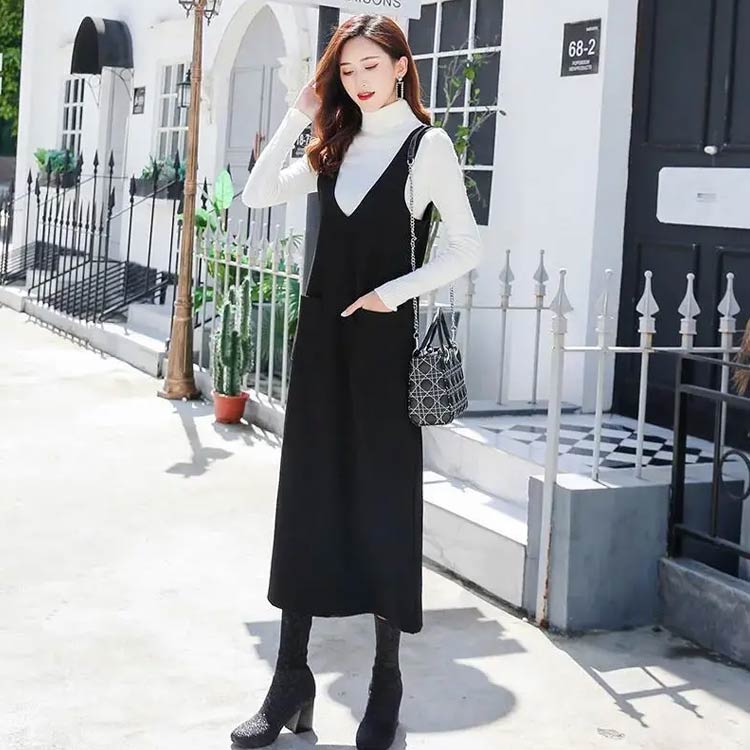 秋冬 大人 ロングワンピース ノースリーブ Vネック ポケットつき 重ね着 レイヤード インナーTシャツ 1点セット-ワンピースだけを売る セットアップ オフィス ミディアム きれいめ 着やせ ゆったり 大きいサイズ 体型カバー S M L XL 2XL 3XL 4XL