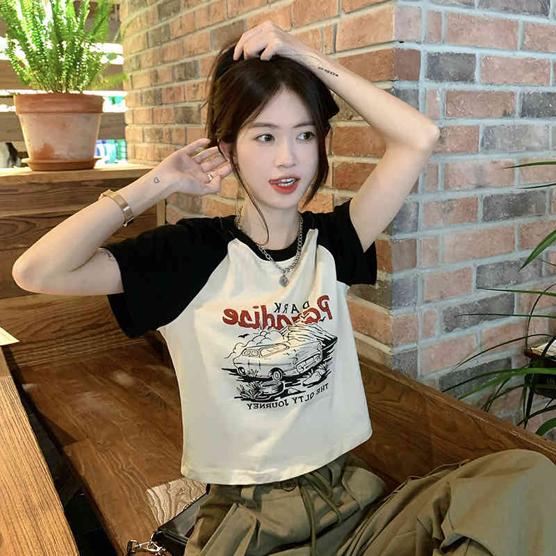 ヴィンテージ風 ロゴ tシャツ ショート丈 Tシャツ 半袖Tシャツ チビT ショート スリム レディース トッ..