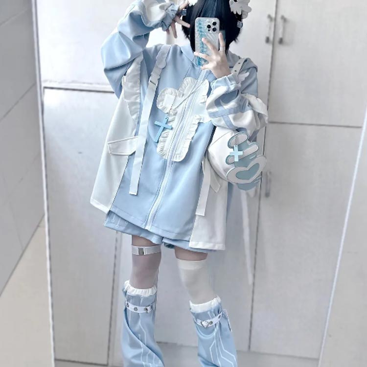 フリルジャケット ブルゾン ジャージ ハーフパンツ 3点セット レッグウォーマー 原宿 原宿系 水色 地雷系 病み系 天使界隈 天使 水色界隈 レディース メンズ かわいい 派手カワ 切り替え フリル 大きいサイズ 衣装 個性的 サブカル ブルー