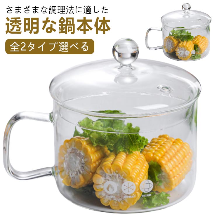 耐熱ガラス 鍋 片手鍋 全2タイプ選べる 小 ガラス調理鍋 透明調理鍋 直火対応 スープポット ふた付き ..