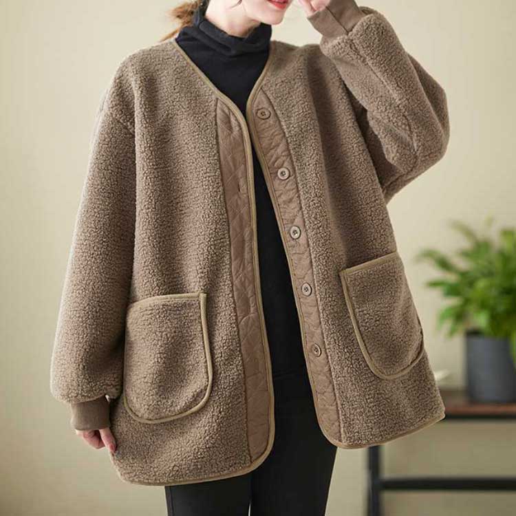 ボアコート コート レディース vネック カジュアル アウター ジャケット リブ袖口 もこもこ コート ノーカラージャケット ミドル丈 無地 上着 羽織り 長袖 大きいサイズ 秋 冬ボアアウター コート ポケット付き 可愛い シンプル トップス 冬