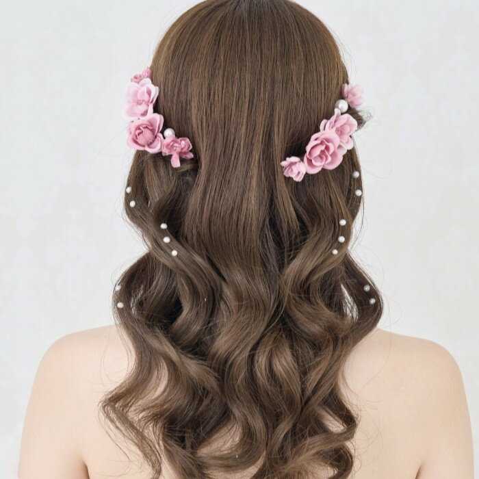 【大人可愛いピンクフラワーヘッドドレス】小枝アクセサリー 小枝 ヘッドコサージュ ビジュー ブライダル 花嫁 結婚式 ブライダルアクセサリー ウエディングアクセ...