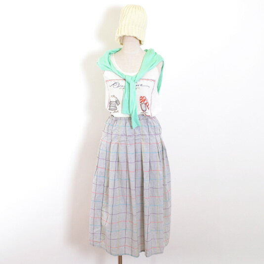 在庫限り【コットン100％】ナチュラルチェック柄ふんわりタックフレアスカート♪綿素材で優しい自然な色合いのふわ軽ミディアムフレアスカート♪【レディース・婦人服・ボトムス・ミディアムロングスカート】[春物][夏物]