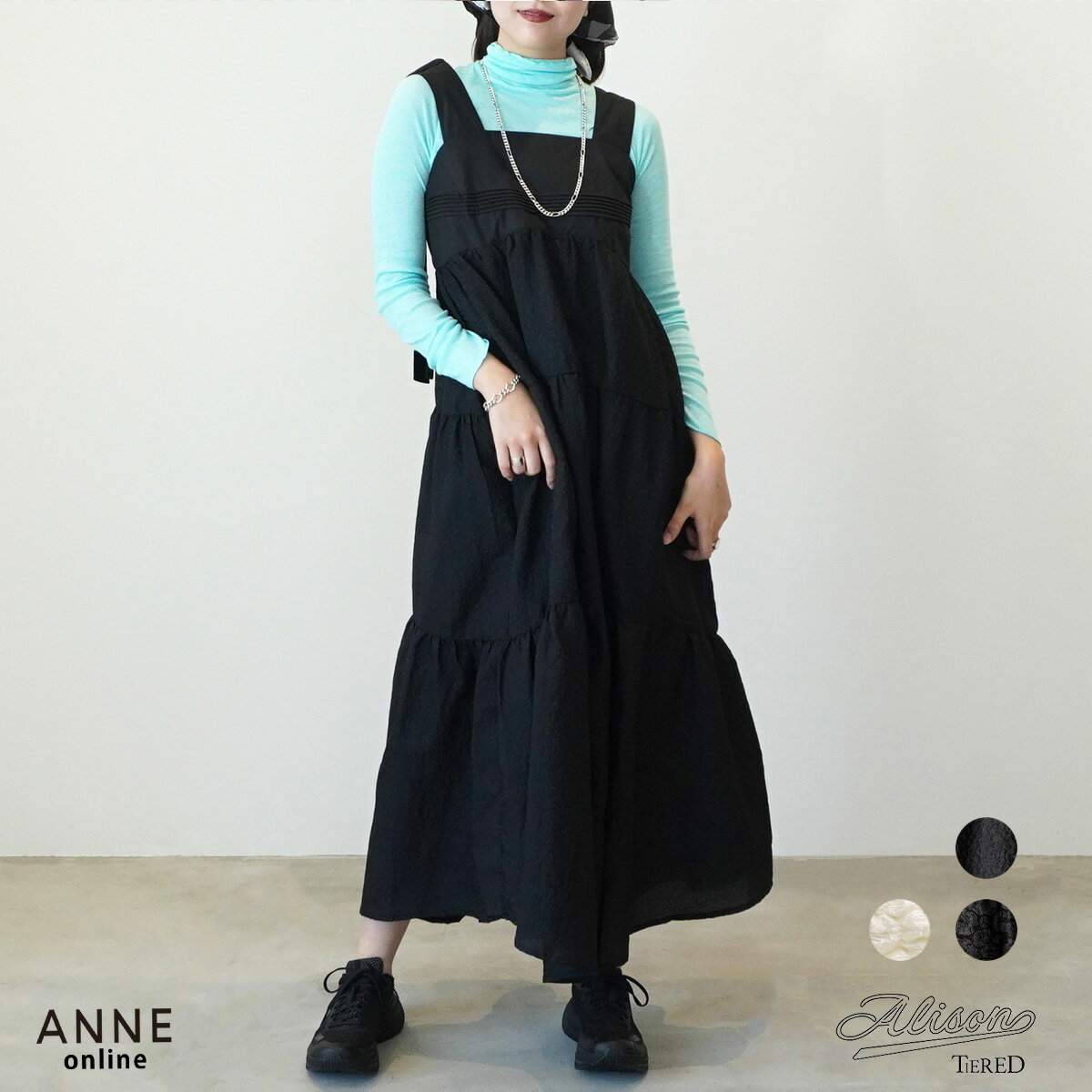  Alison Tiered アリソンティアード ティアード ワンピース ｜ レディース ノースリーブ リボン ポケット ゴム ゆったり フリーサイズ 春 夏 秋 きれいめ カジュアル
