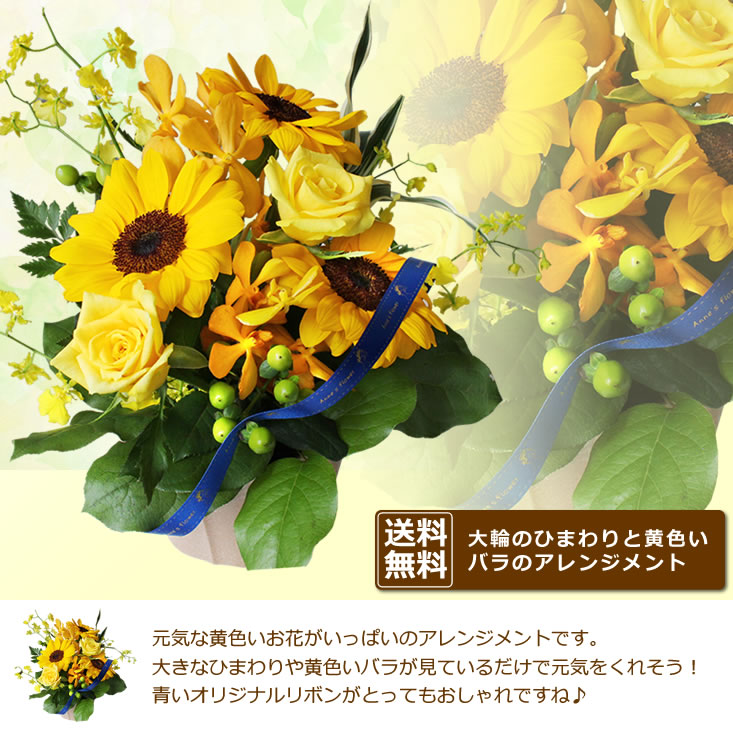 花 ギフト【送料無料】ひまわりと黄色いバラのハツラツアレンジ お中元 誕生日 夏 ...