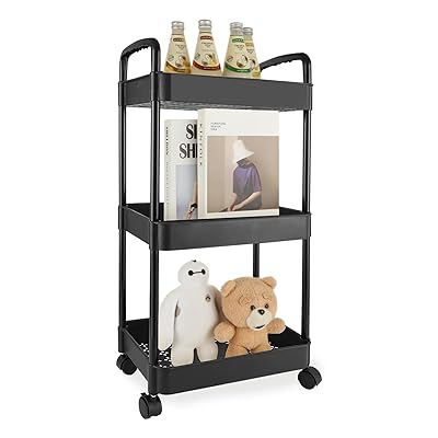 キッチンワゴン キャスター付き 収納ワゴン 3段 スリム (幅35.5×奥行23.5×高さ81cm) キッチン収納カート 隙間収納 おしゃれ 耐荷重21kg 多機能 小物 食品 調味料 収納 組立簡単 仕切板付き 4つのフック付き 黒い