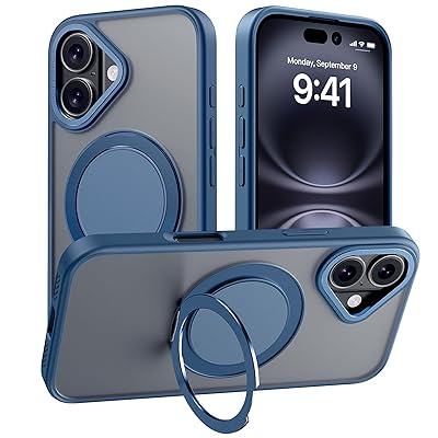 【多機能360度回転スタンド】Mcoifull iPhone 16 Plus ケース マグネット搭載 ワイヤレス充電 耐衝撃 マット感 半透明 指紋防止 アジャスタブルスタンド アイフォン16プラス ケース あお