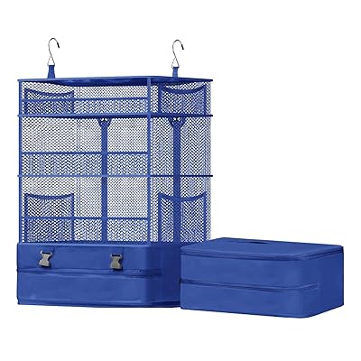 VARNIC 吊り下げ収納 トラベルポーチ 落下防止ネット付き クローゼット 旅行 出張 ポータブル 吊り下げ収納ケース 衣類ラック 収納 大容量 4段 省スペース 折り畳み式 取付簡単 トラベル 吊り下げ 通気性 防臭 (ブルー, Large)