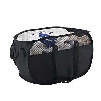 TECHMILLY ランドリーバスケット 横型 折りたたみ 洗濯カゴ 大容量 71L メッシュ ポリエステル ランドリーバッグ 取っ手付き バスルーム 洗濯物入れ 軽量 旅行 ランドリー収納 ゴミ箱 長さ64CM幅さ35CM高さ35CM (ブラック、