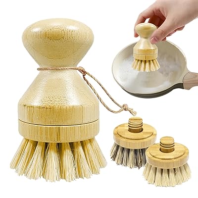 キッチンブラシ たわし 木製 キッチン用ブラシ 天然植物繊維 柄付きたわし ポットブラシ 洗濯ブラシ ス..