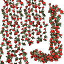 Bacucine バラ ガーランド 造花 藤 吊るす 人工観葉植物 藤の花 壁掛け 8本入れ 48輪花 シルク 葉 長い フェイクフラワー 2.4m ローズ 薔薇 インテリア ウォールフラワー 飾り 枯れない花 リアル 結婚式 プレゼント (赤色)