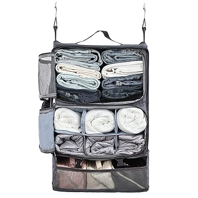 Surblue 収納ボックス 吊り下げ 3段 折りたたみ式 大容量 持ち運べるクローゼット 旅行 出張 省スペース、2つのフック付き グレー