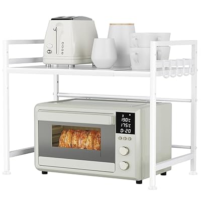 レンジ上ラック トースターラック 伸縮式 幅(40-60cm）電子レンジ 置き台 棚板高さ調節可 キッチン収納 耐荷重50kg フック5つ付き お洒落 収納ラック (ホワイト)